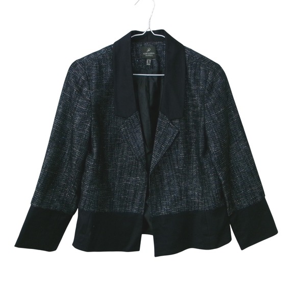 Adrianna Papell Jackets & Blazers - Adrianna Papell Womens Navy Blue Metallic Tweed Shawl Collar Open Front Blazer 8